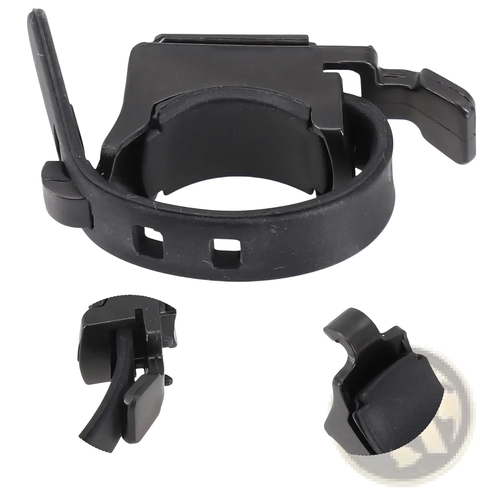 Black plastic bicycle light bracket handlebar mount holder with adjustable clamping mechanism visible from the back side
