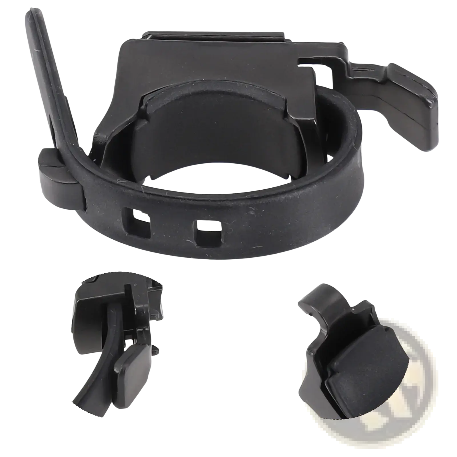 Black plastic bicycle light bracket handlebar mount holder with adjustable clamping mechanism visible from the back side