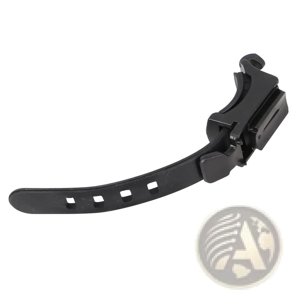 Black plastic bicycle light bracket handlebar mount holder with adjustable buckle and rectangular clip attachment