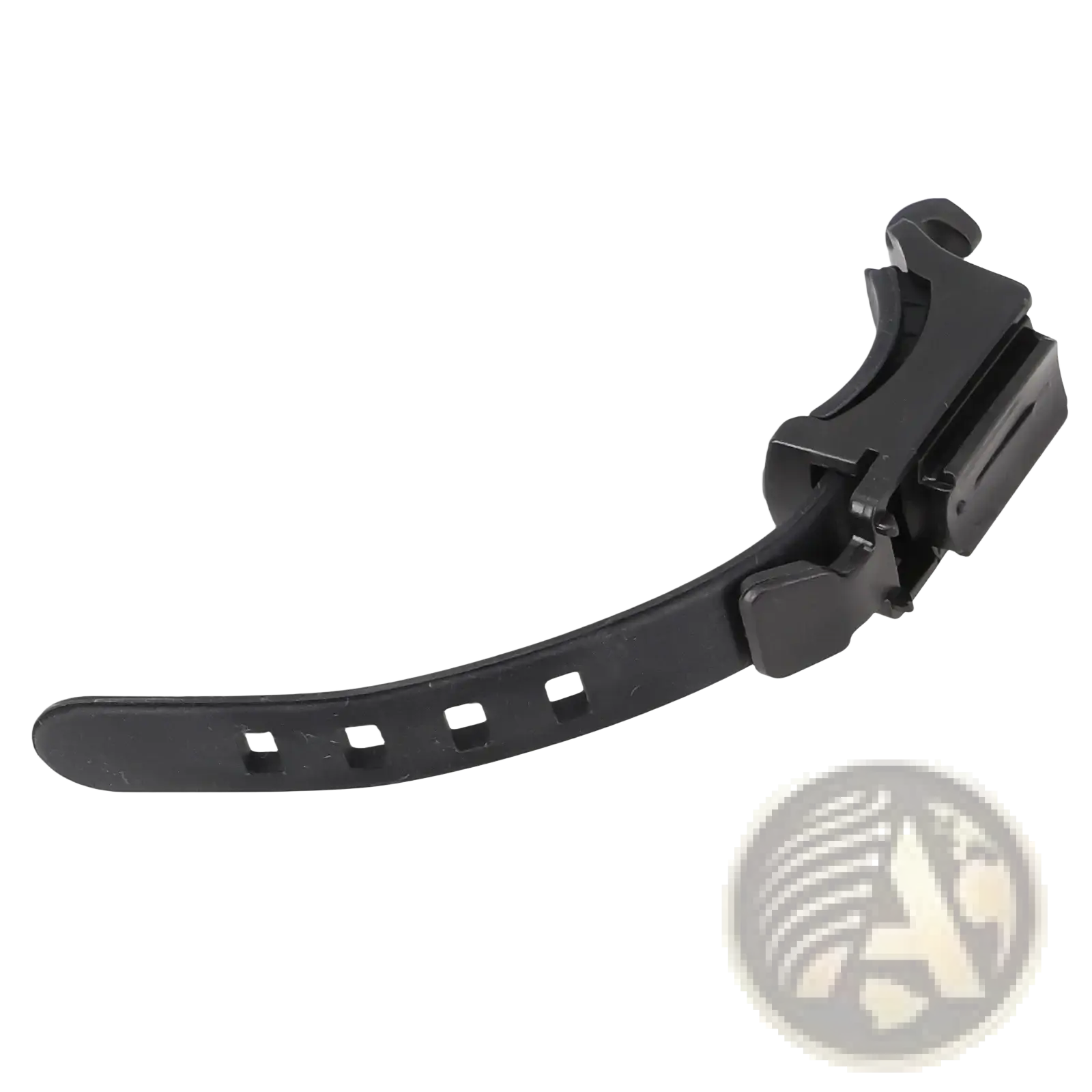 Black plastic bicycle light bracket handlebar mount holder with adjustable buckle and rectangular clip attachment