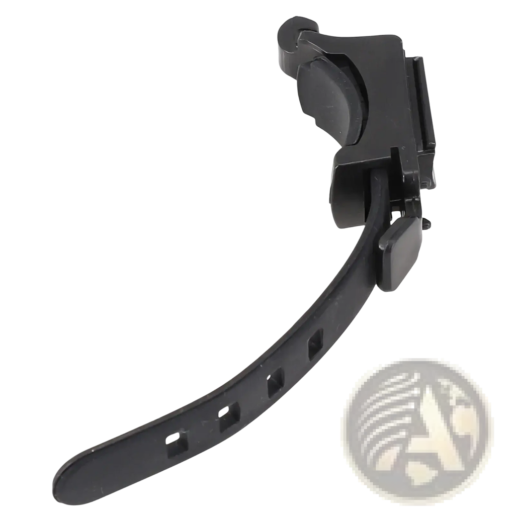 Black plastic bicycle light bracket handlebar mount holder with adjustable strap and clip mechanism for secure attachment