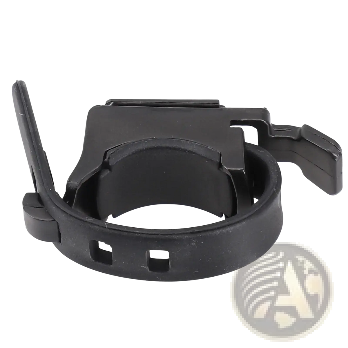 Black plastic bicycle handlebar clamp with adjustable slots and locking lever for bicycle light bracket mount holder