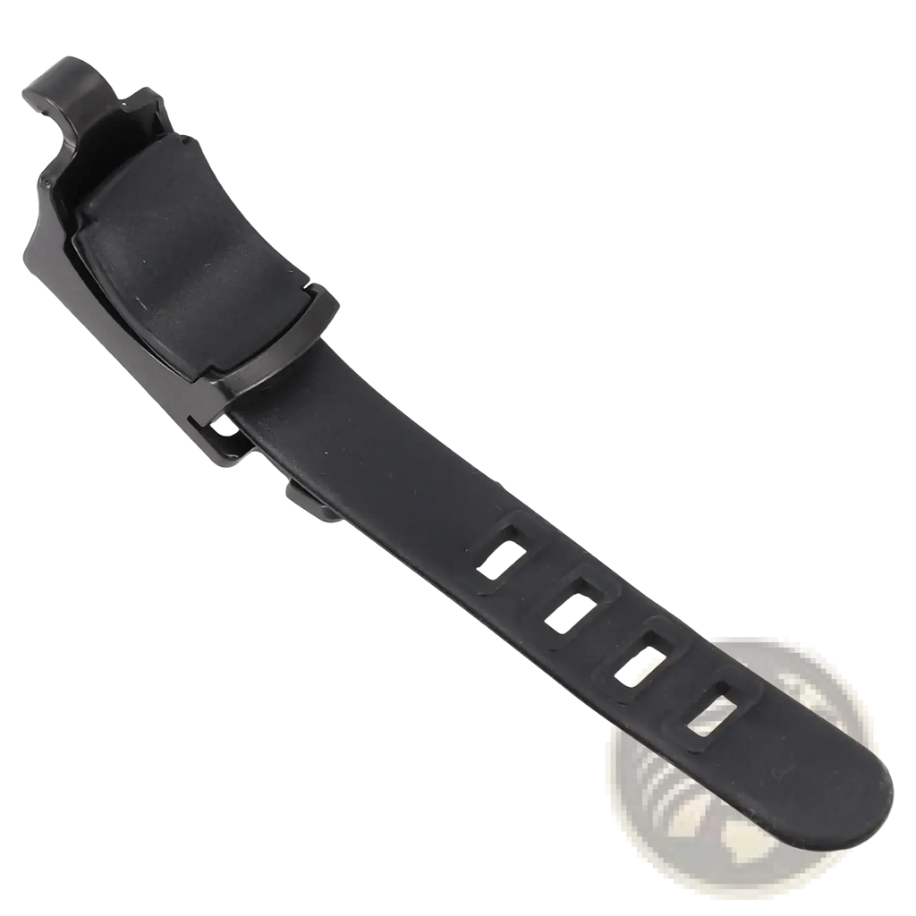 Black plastic bicycle light bracket handlebar mount strap with clip mechanism and rectangular cutouts along length