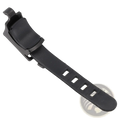 Black plastic bicycle light bracket handlebar mount strap with clip mechanism and rectangular cutouts along length