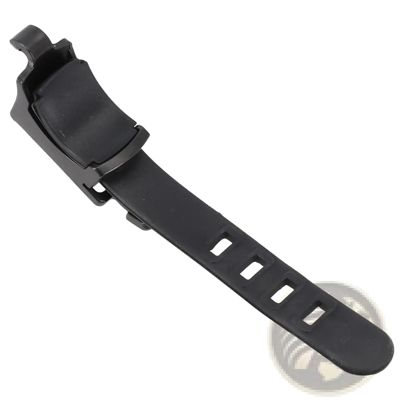 Black plastic bicycle light bracket handlebar mount strap with clip mechanism and rectangular cutouts along length