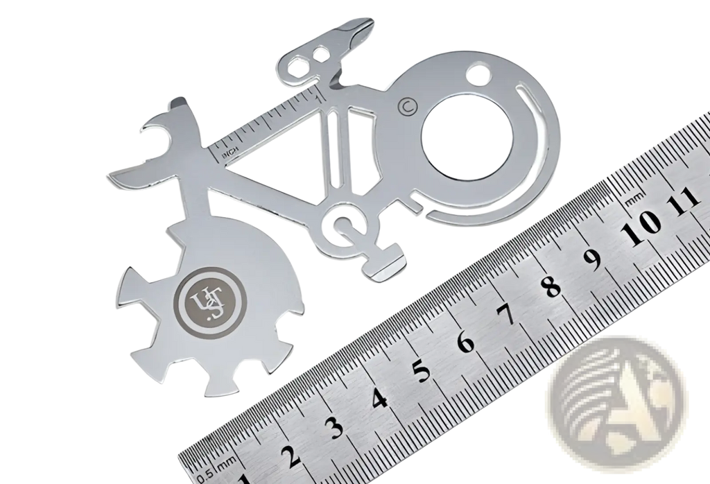 Silver bicycle-shaped multi-tool with mirror and ruler made of 420 steel for bike repair and measuring tasks