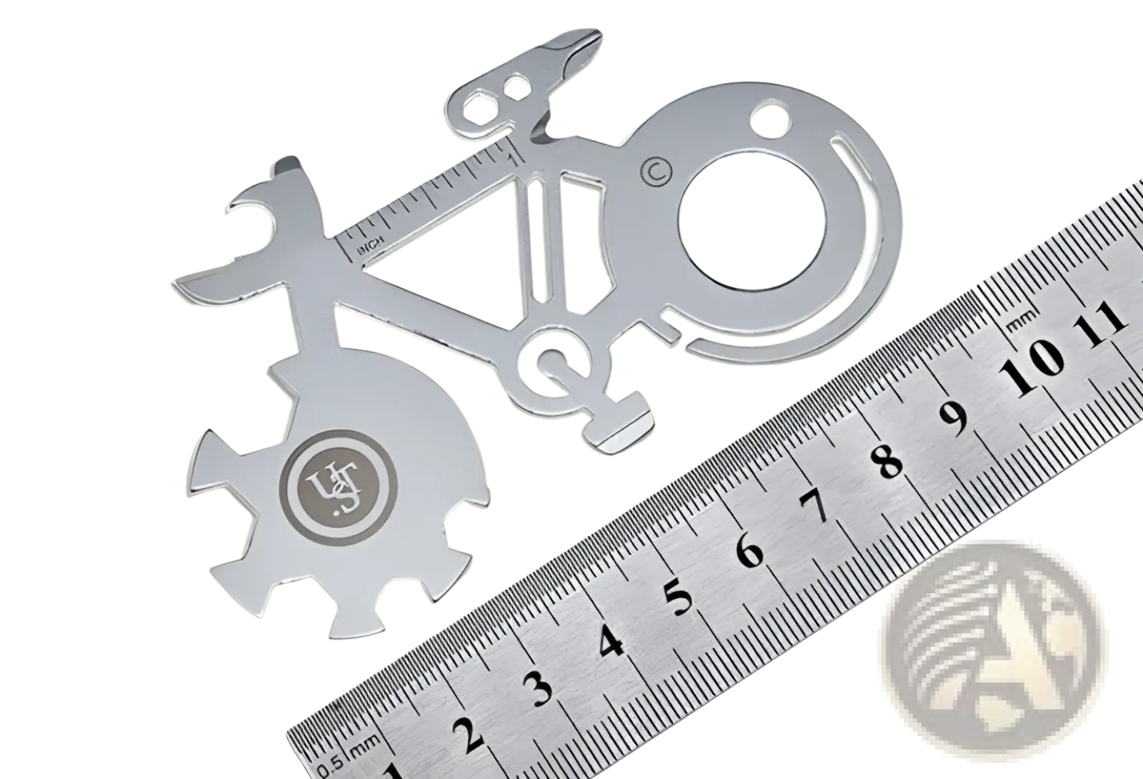 Silver bicycle-shaped multi-tool with mirror and ruler made of 420 steel for bike repair and measuring tasks