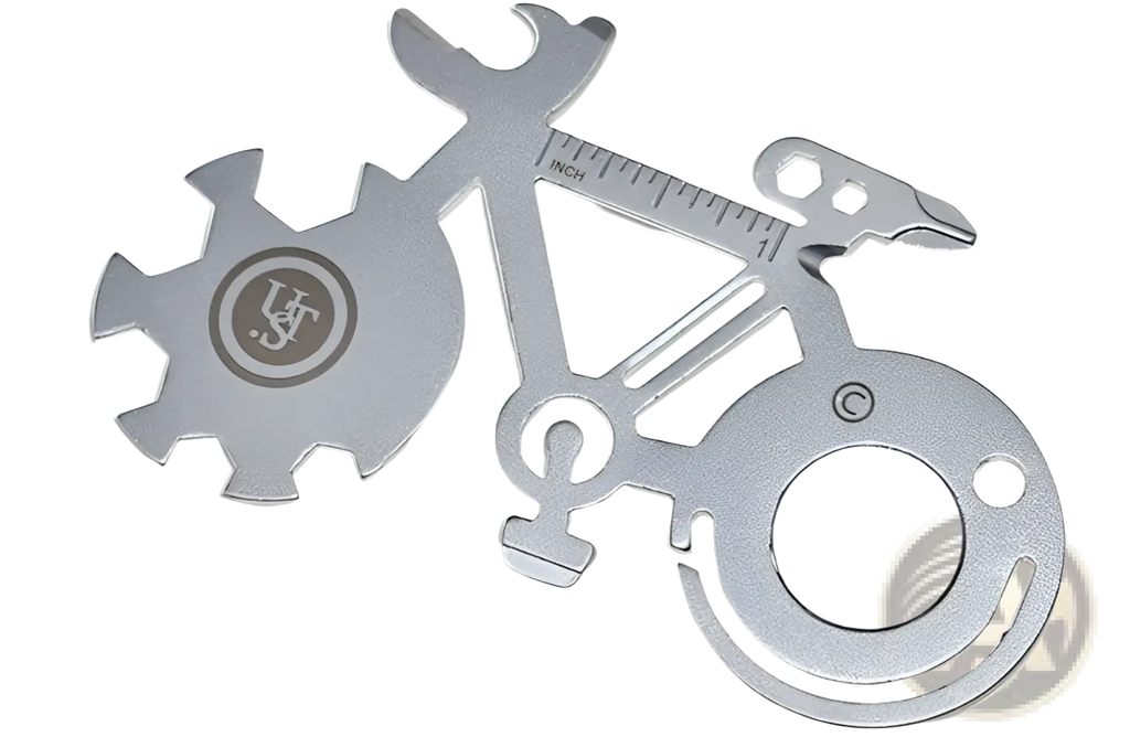 Silver bicycle multi-tool made of 420 steel with integrated wrench, ruler, screwdriver, and mirror features