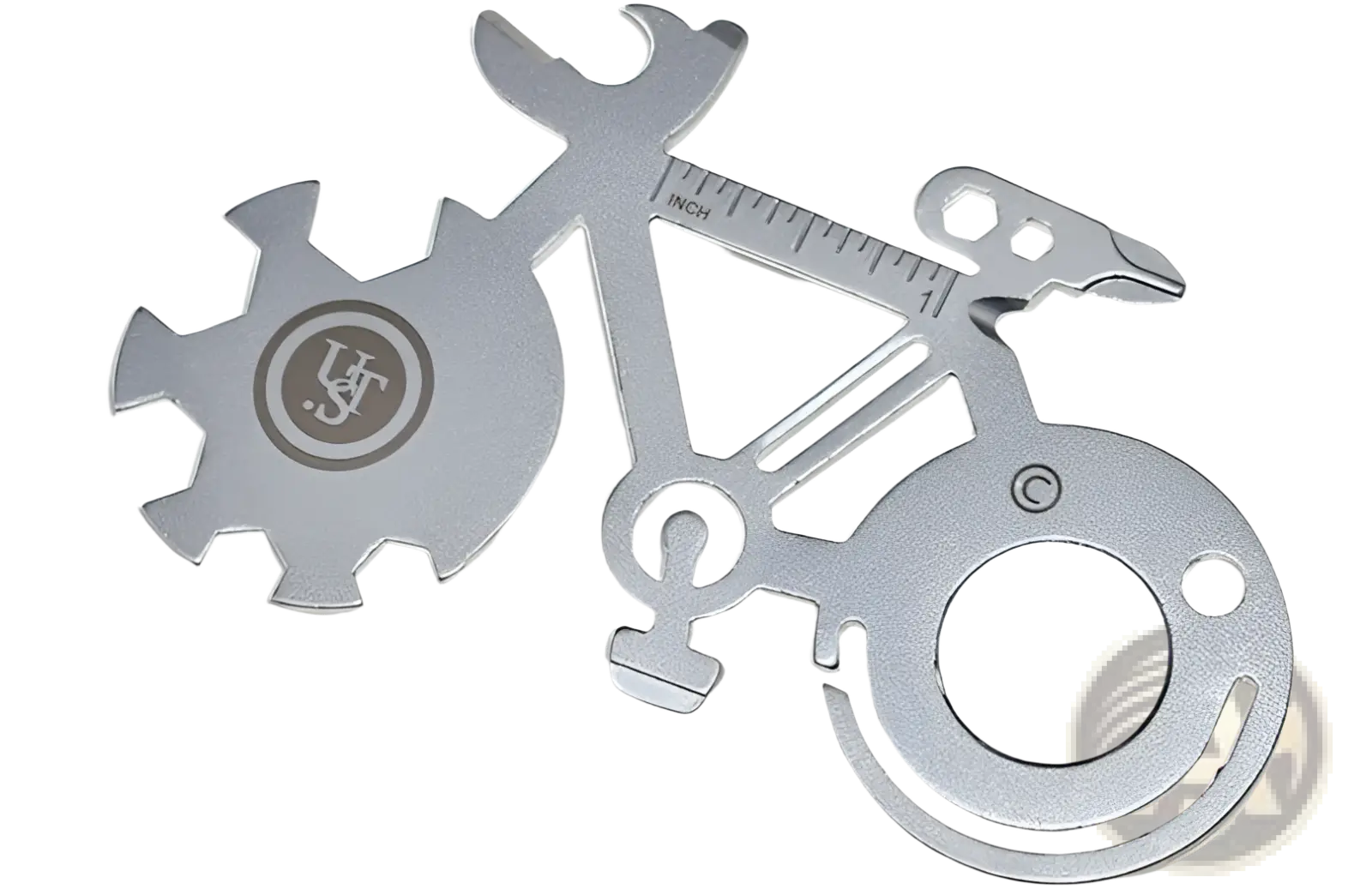 Silver bicycle multi-tool made of 420 steel with integrated wrench, ruler, screwdriver, and mirror features