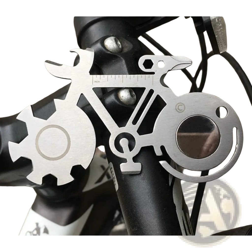 Silver bicycle multi-tool made of 420 steel featuring integrated wrench screwdriver ruler and mirror for bike repair