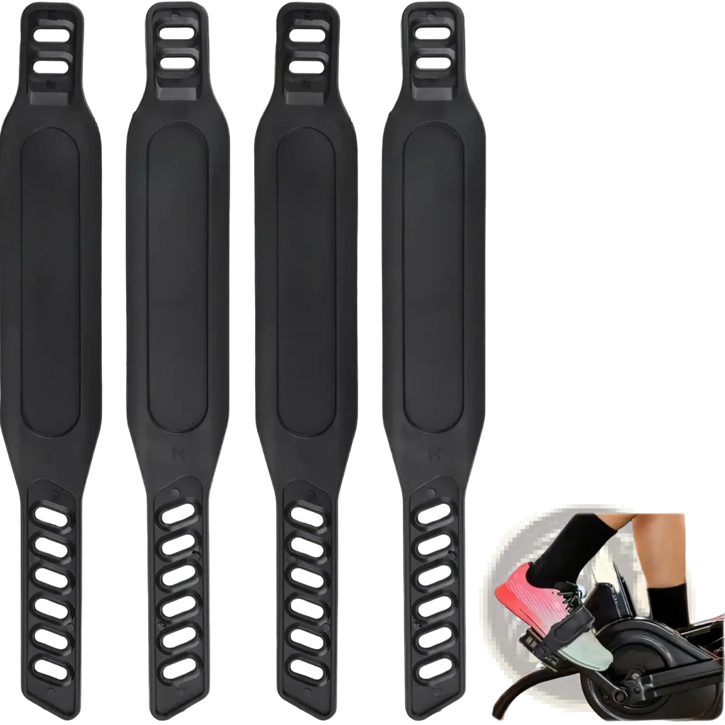 Black rubber bicycle pedal straps with textured grip and adjustable buckle design for universal cycling use