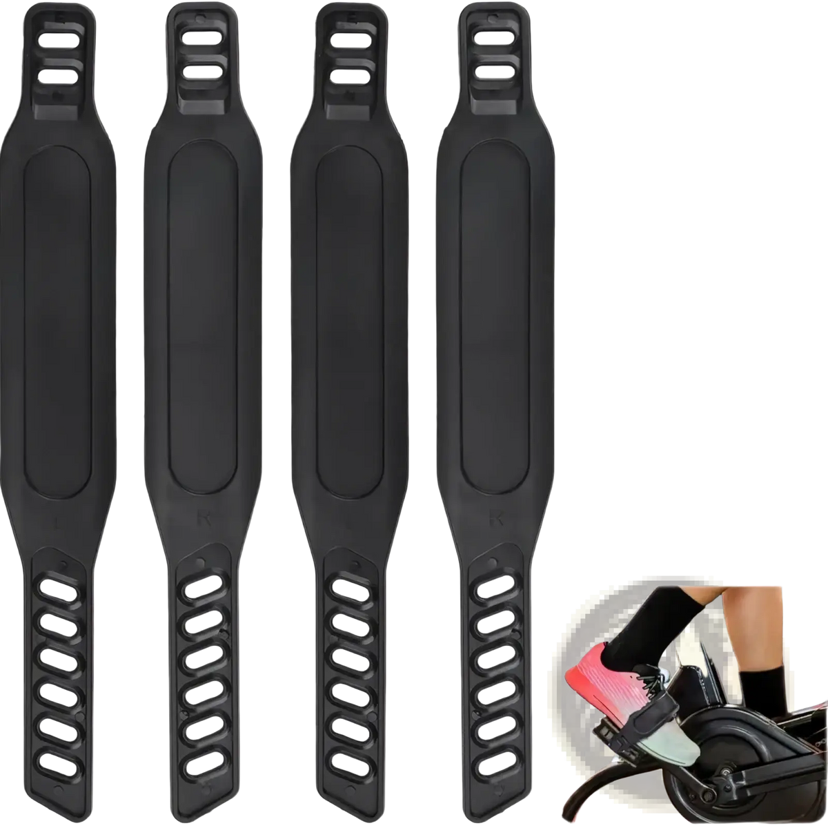Black rubber bicycle pedal straps with textured grip and adjustable buckle design for universal cycling use