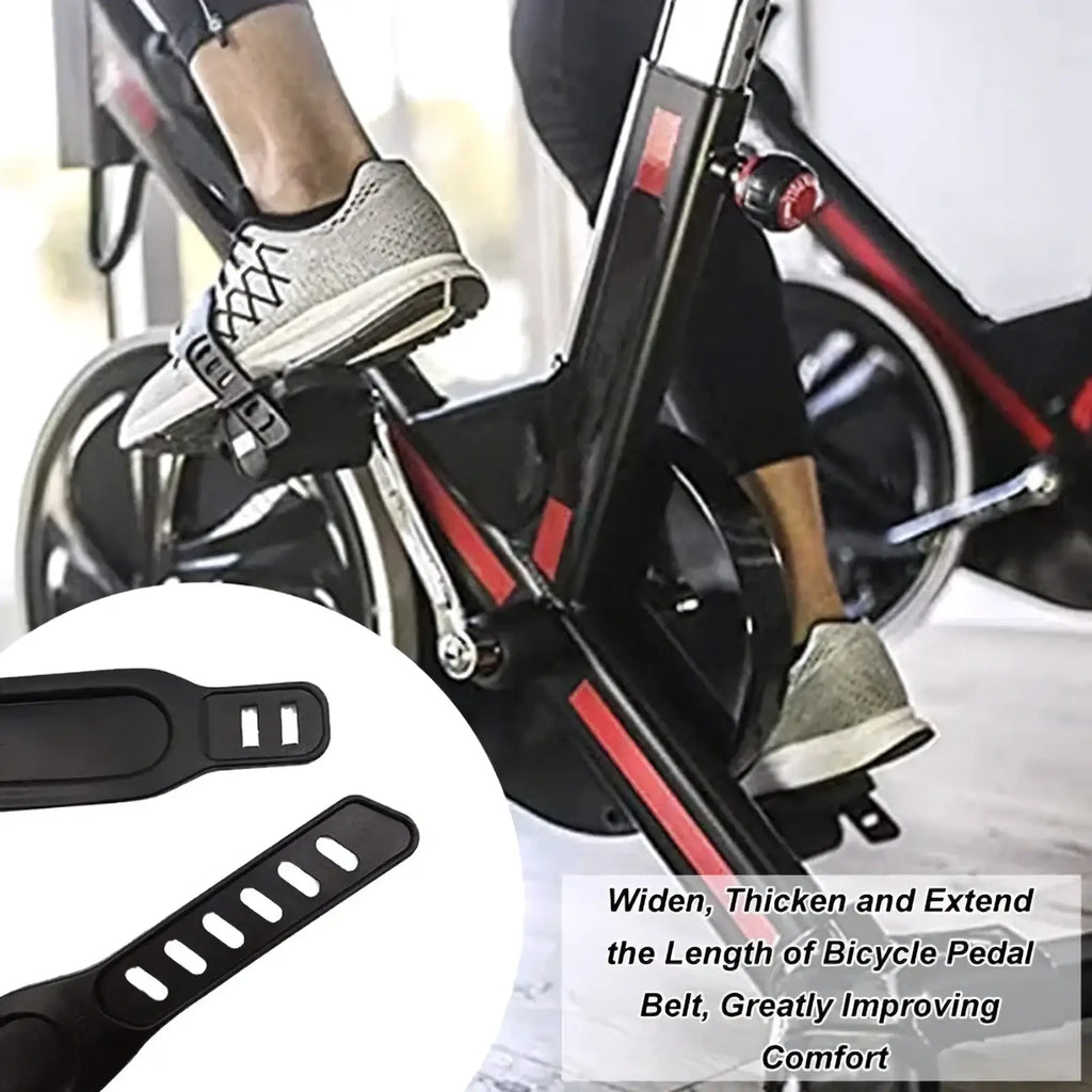 Black adjustable bicycle pedal strap with elongated slots for customizable fit universal cycling foot belt