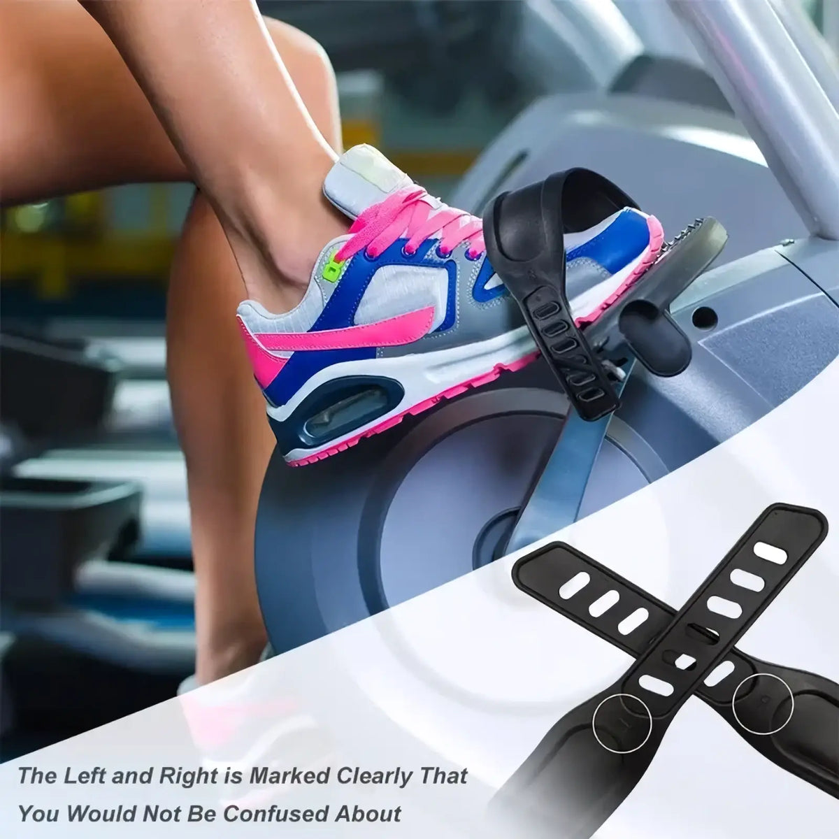 Black adjustable bicycle pedal strap made of molded plastic with perforated design for secure cycling foot fit