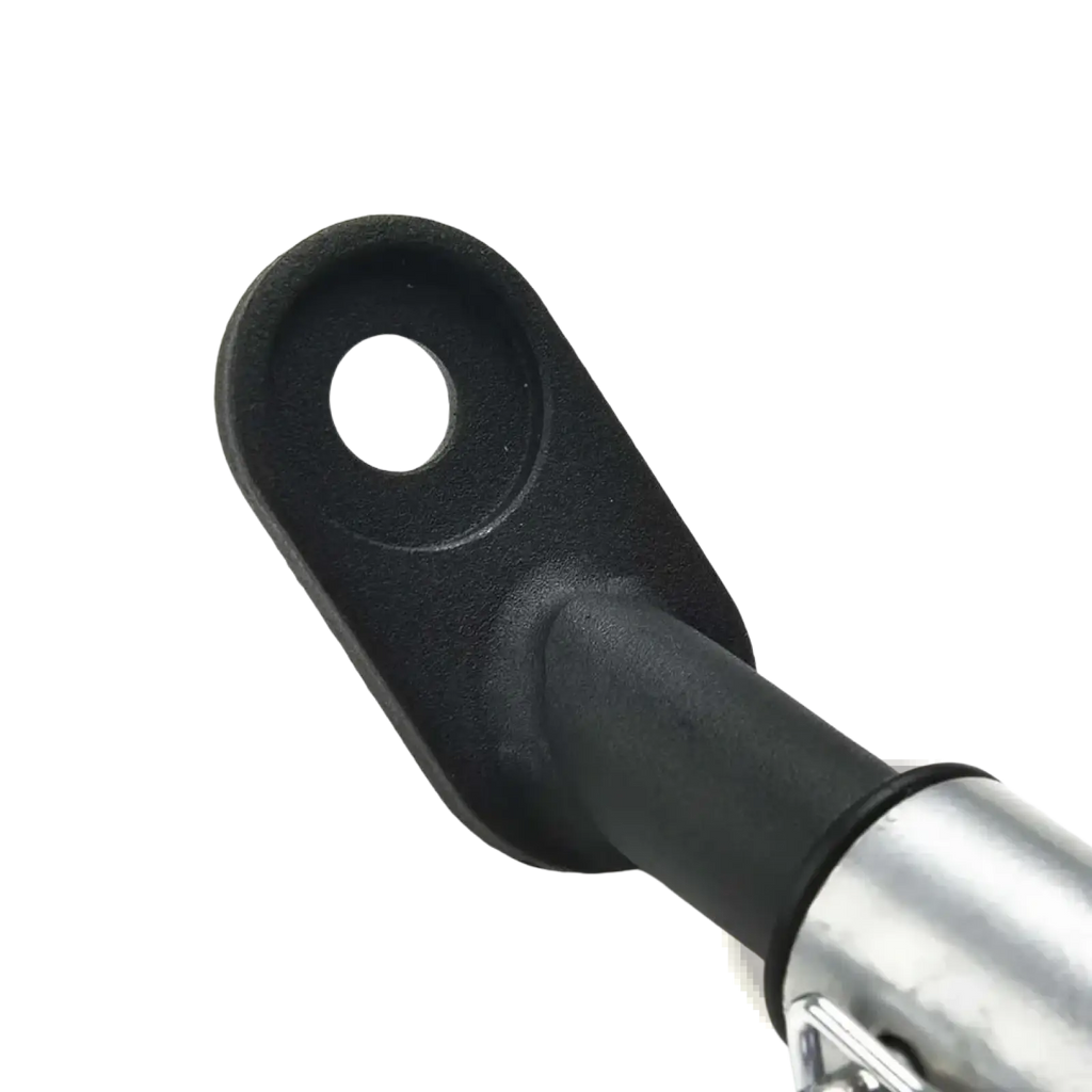 Black rubberized handle grip with circular hole attached to steel bicycle trailer hitch coupler tow bar linker