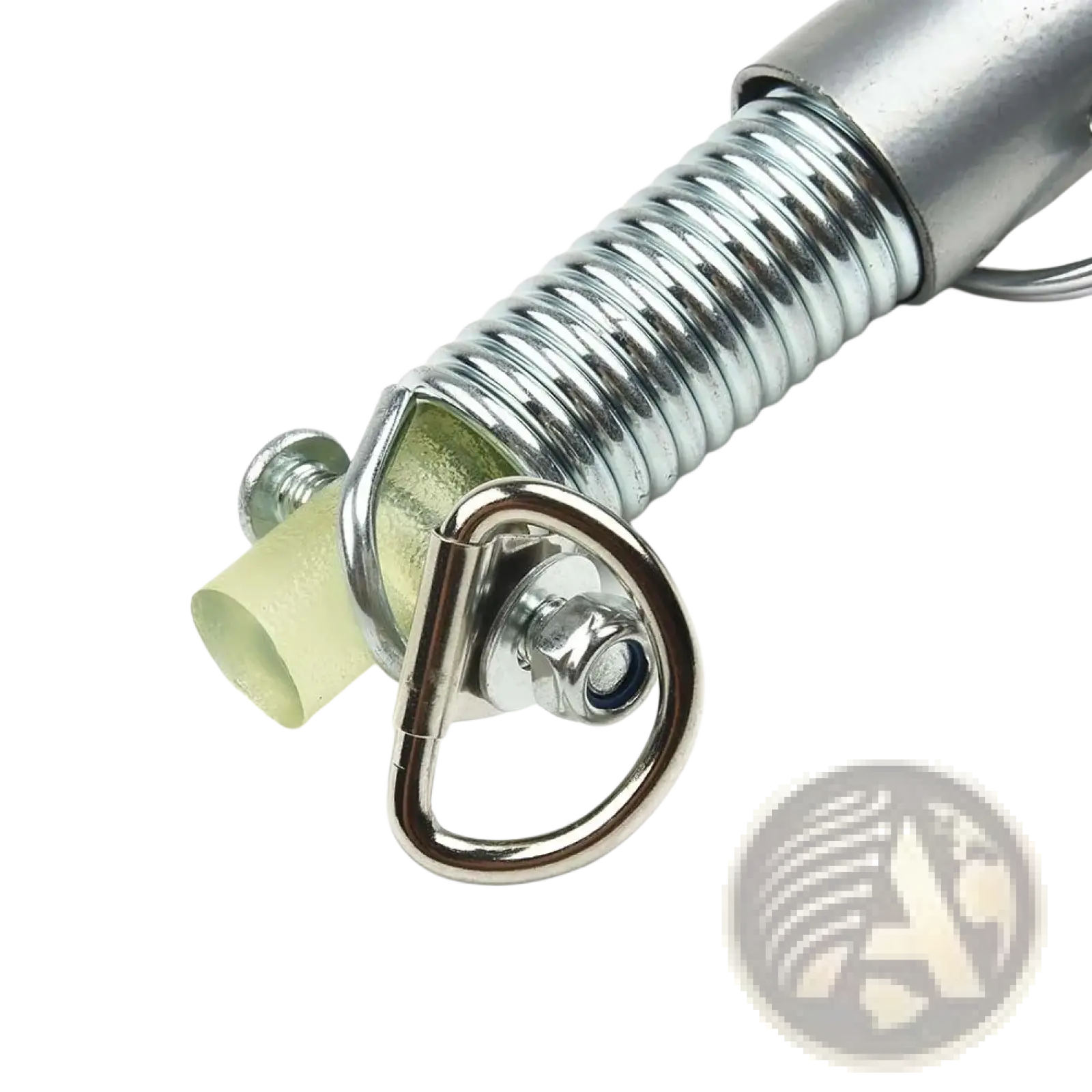 Silver-coated metal compression spring bicycle trailer hitch coupler with polished stainless steel carabiner and threaded bolt