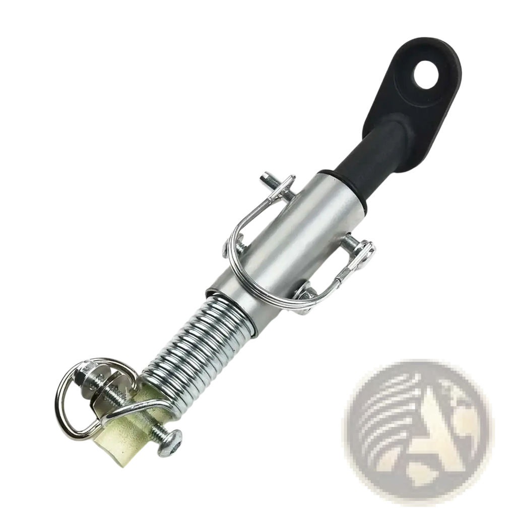 Silver metal spring-loaded bicycle trailer hitch coupler with black rubberized end cap and steel tow bar linker clamps