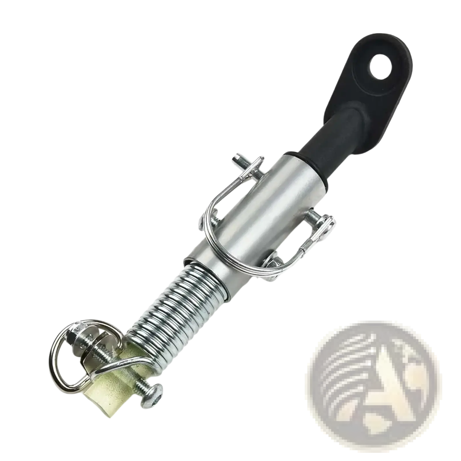 Silver metal spring-loaded bicycle trailer hitch coupler with black rubberized end cap and steel tow bar linker clamps