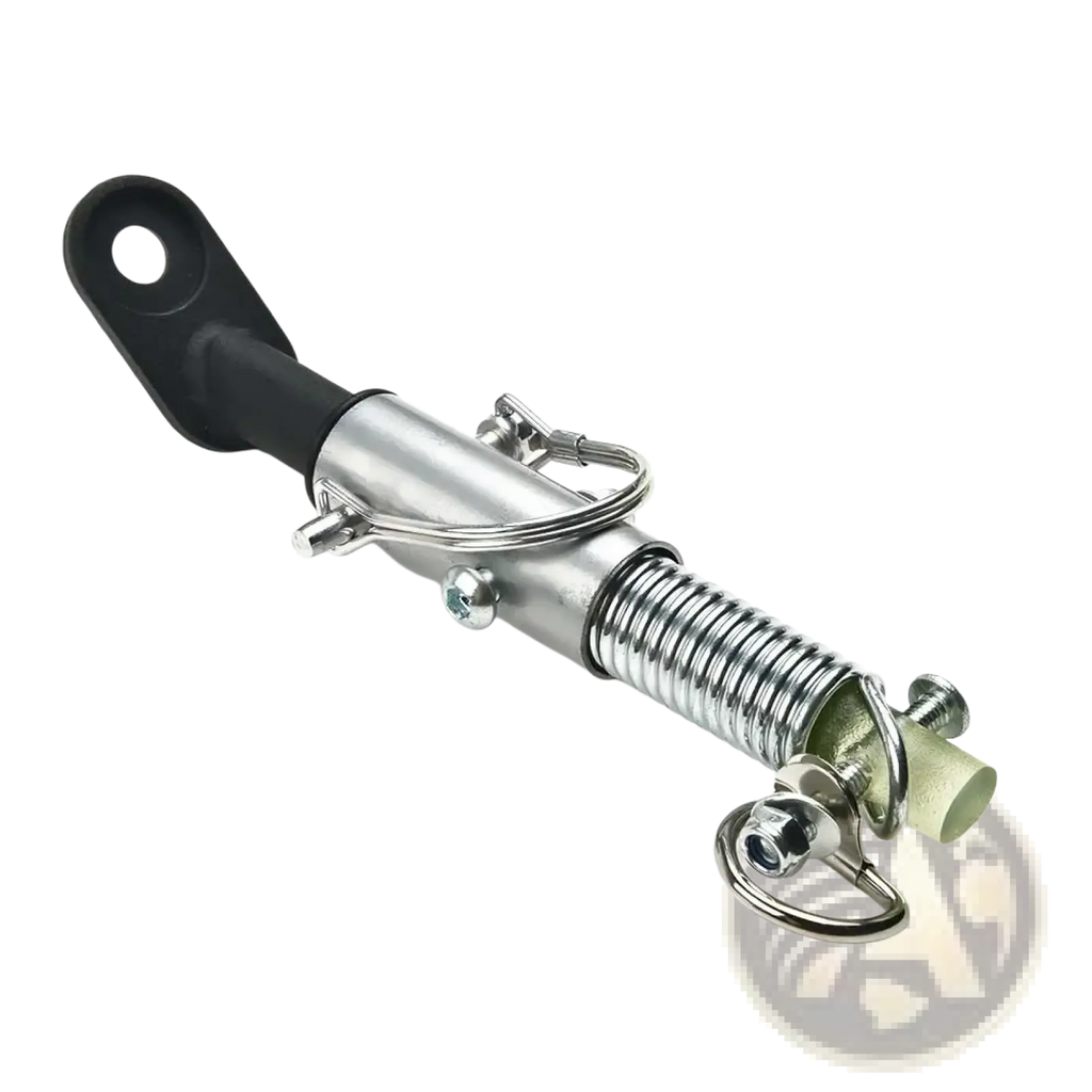 Silver metal bicycle trailer hitch coupler with black rubber grip and coiled spring steel tow bar linker mechanism