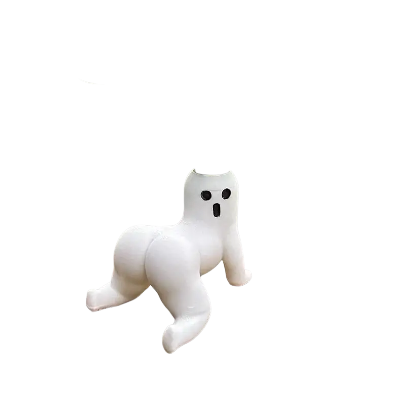 White ceramic big booty ghost planter with black facial features holding a green air plant resin ghost planter