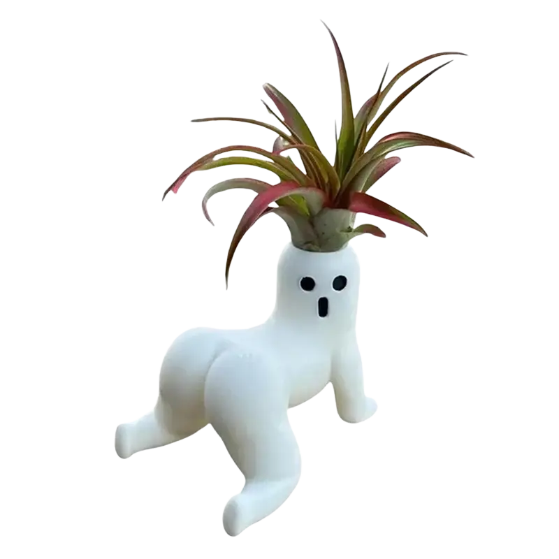 Big booty ghost planter white resin ghost planter with surprised face holding green and reddish air plant