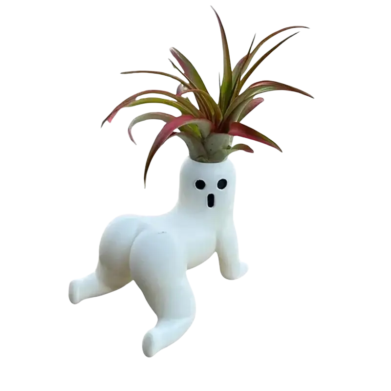 Big booty ghost planter resin white ghost planter with surprised expression holding green and reddish air plant