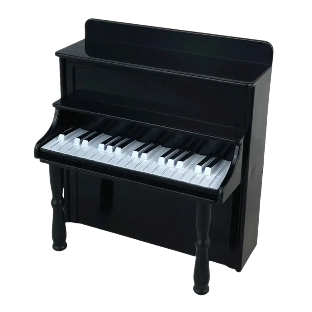 Black miniature upright piano with glossy finish and white and black keys for big building blocks accessories set for kids diy toys