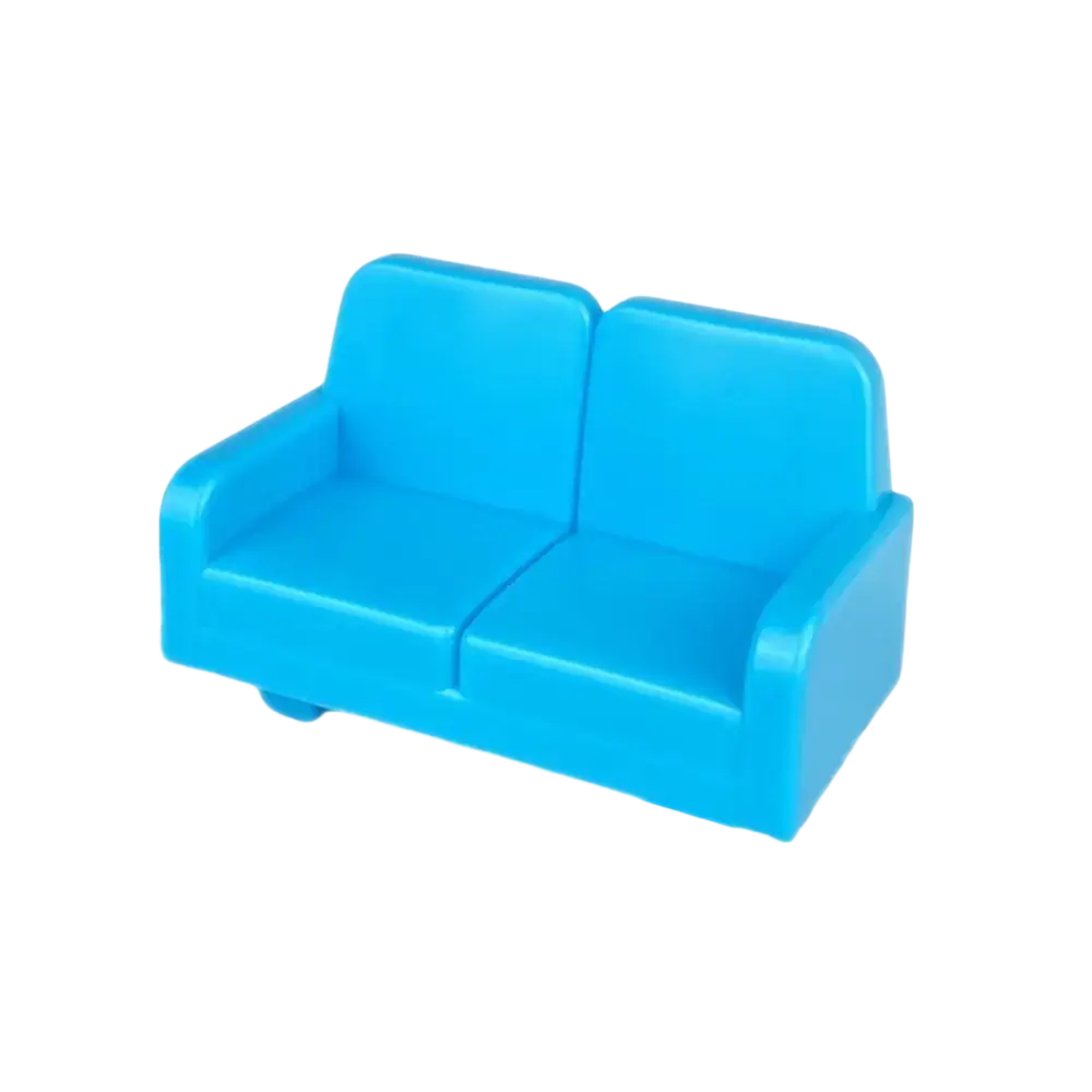 Bright blue plastic two-seat toy sofa with rounded arms for big building blocks accessories set for kids diy toys