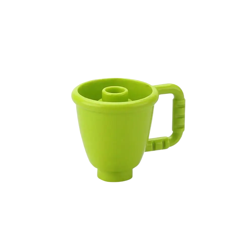 Bright lime green plastic cup with handle and central opening from big building blocks accessories set for kids diy toys