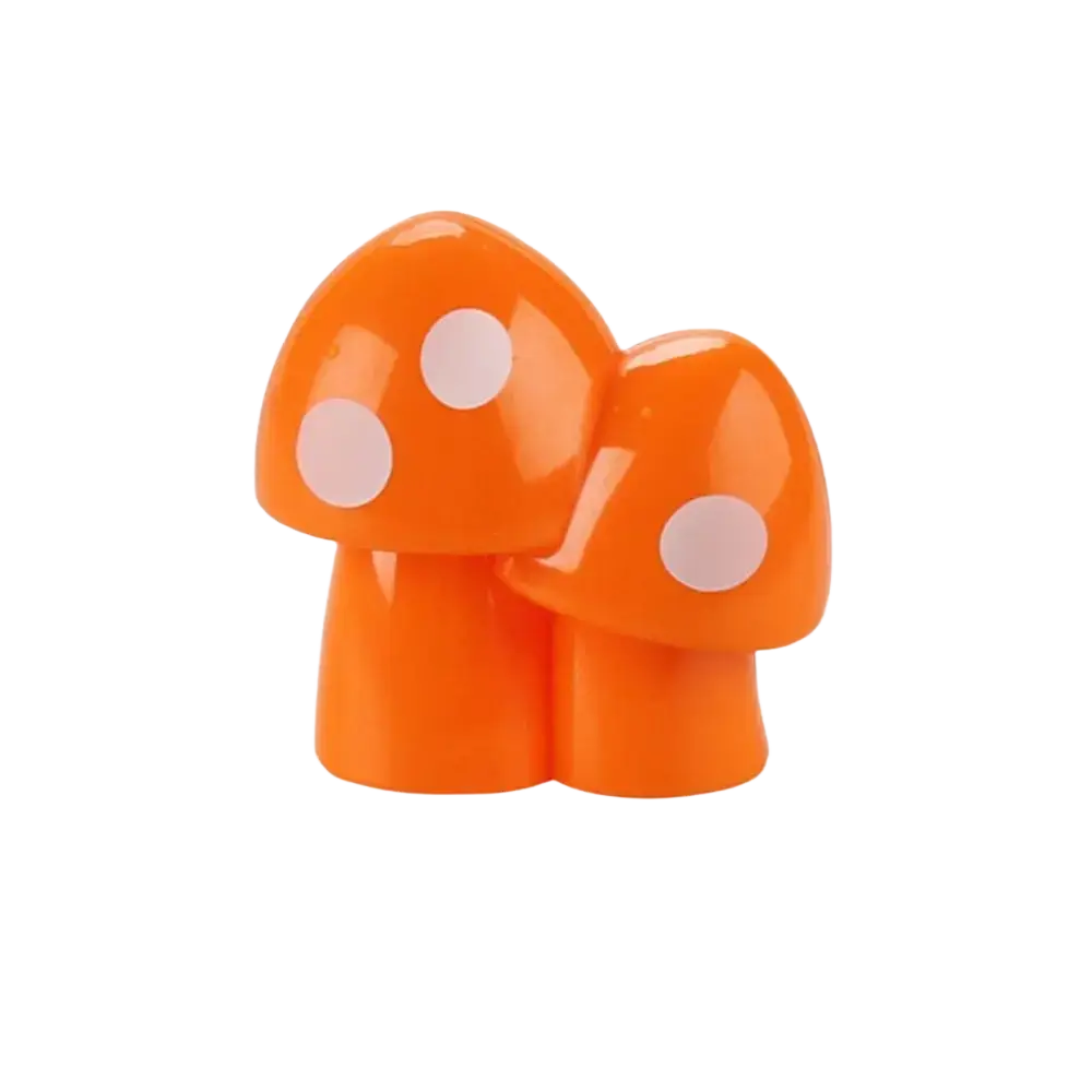 Bright orange plastic mushrooms with white polka dots for big building blocks kids diy toy accessory set