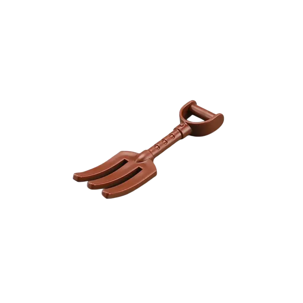 Brown plastic garden fork with d-shaped handle and three tines for big building blocks accessories set for kids diy toys