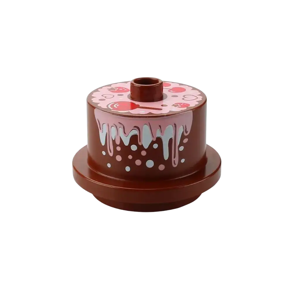 Big building blocks chocolate-colored lego cake piece with pink frosting red lollipops and light blue drips for kids diy toys