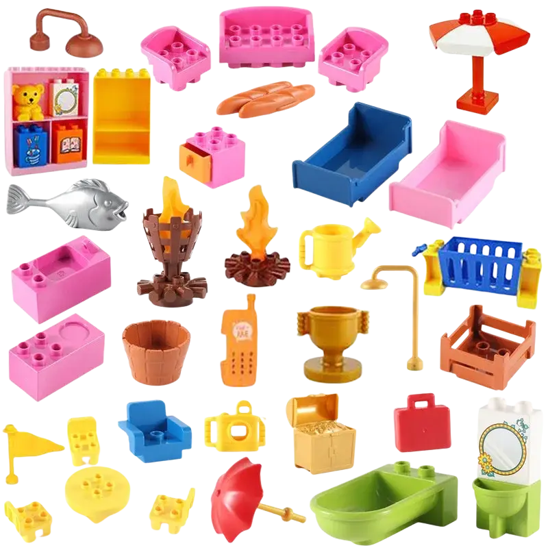 A collection of colorful plastic big building blocks featuring furniture appliances animals and accessories for kids diy toys