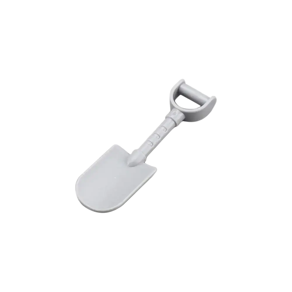 Gray plastic toy shovel with d-shaped handle and textured grip for big building blocks accessories set for kids diy toys