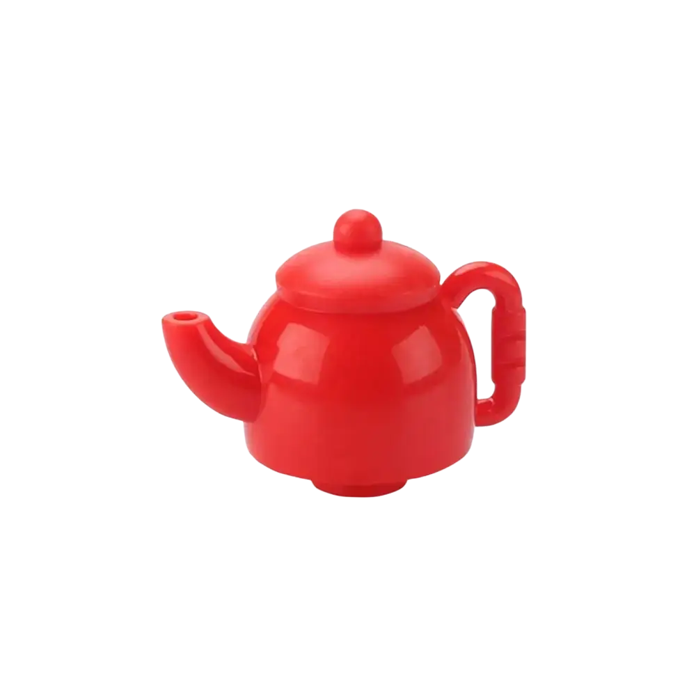 Red plastic toy teapot with rounded body and lid included in big building blocks accessories set for kids diy toys