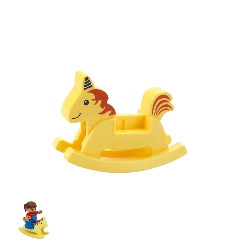 Yellow wooden rocking unicorn toy with red mane and tail and black-striped horn for big building blocks set