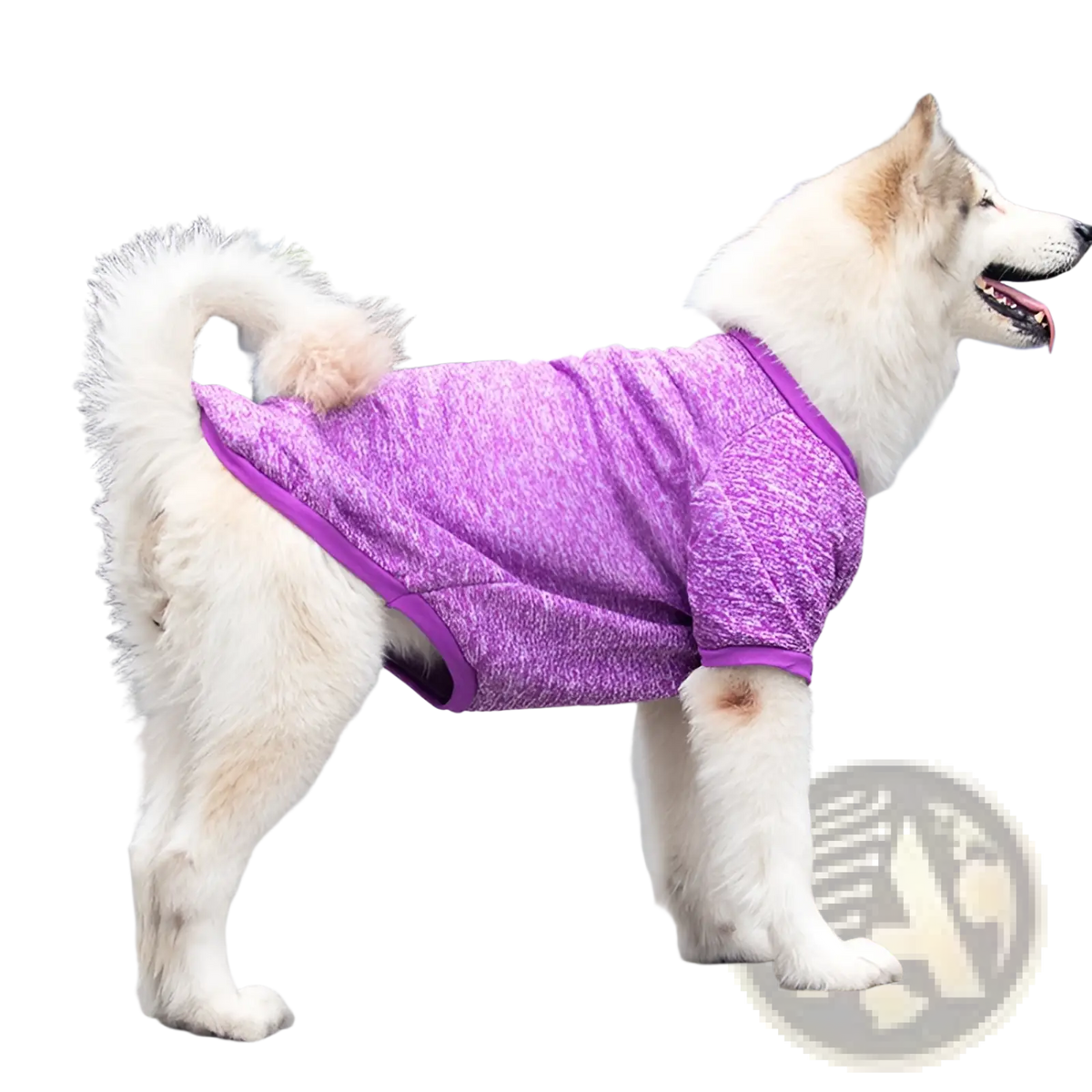 Purple marled acrylic big dog warm sweater with contrasting solid purple trim for cozy winter pet apparel