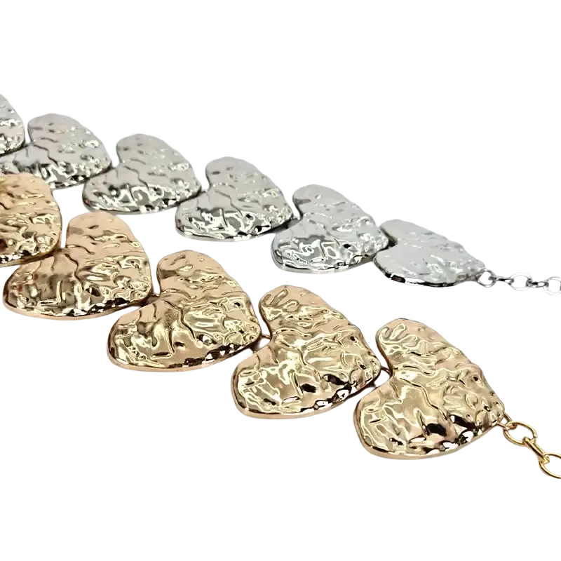 Gold and silver big lover heart waist chain with textured hammered metal heart-shaped charms designer big lover belt
