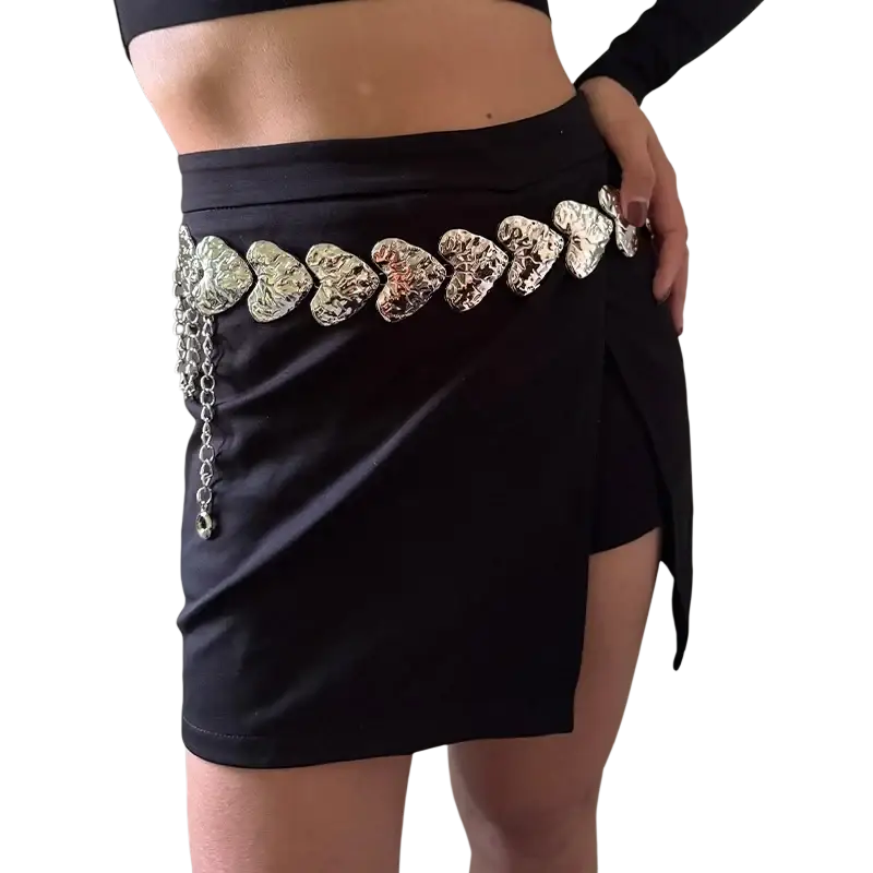 Silver heart-shaped big lover heart waist chain belt with intricate textured metal plates and dangling chains