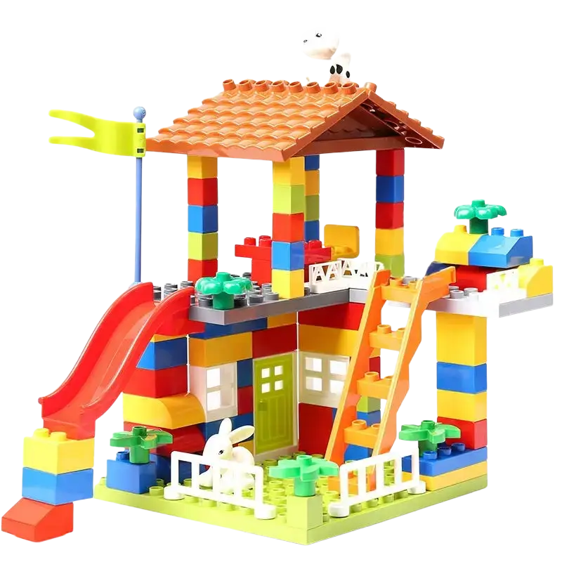 Big size building blocks playhouse with red slide orange roof and striped walls featuring green doors birthday gift