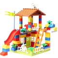 Big size building blocks playhouse with red slide orange roof and striped walls featuring green doors birthday gift