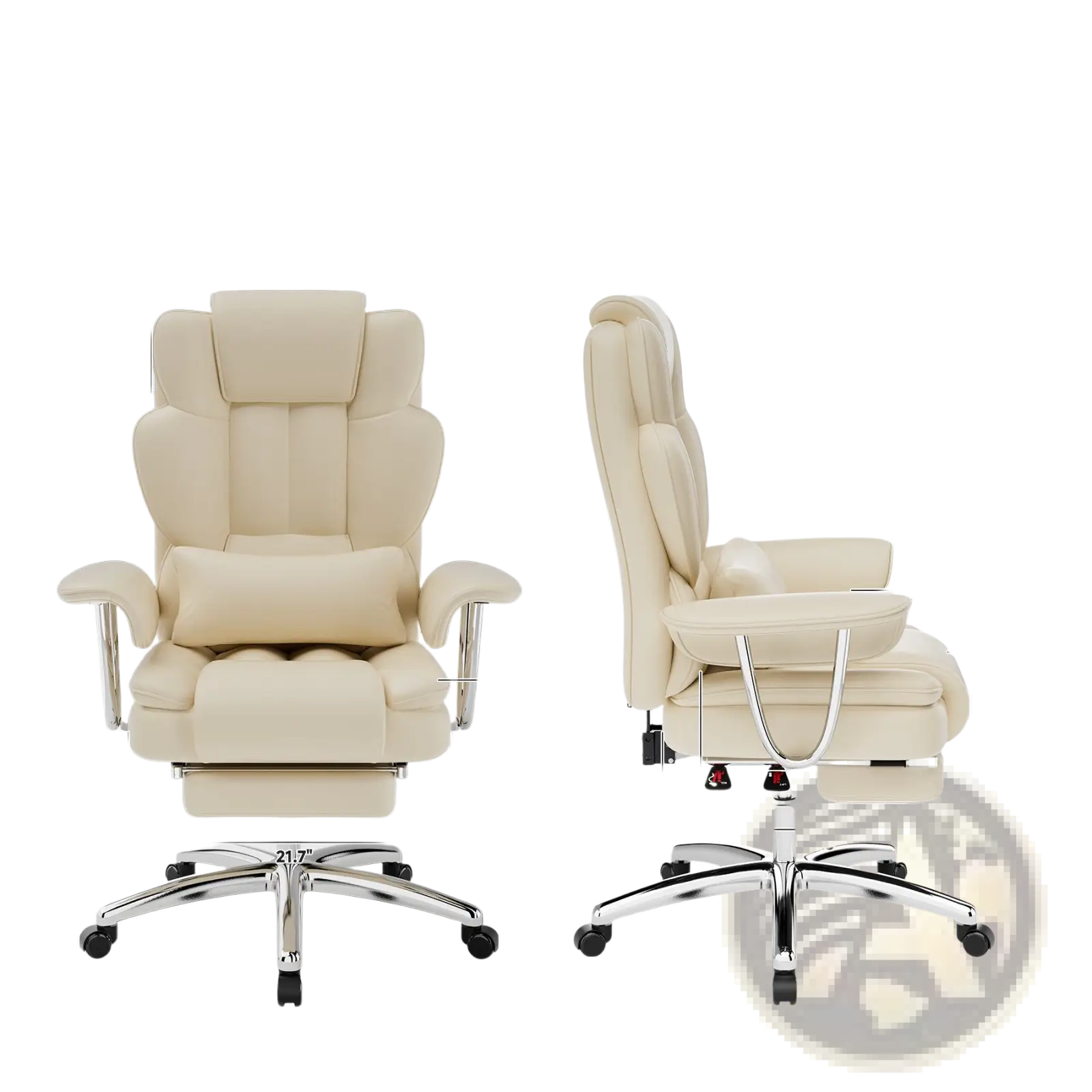 Cream-colored leather big and tall executive office chair with chrome base casters and footrest for office use