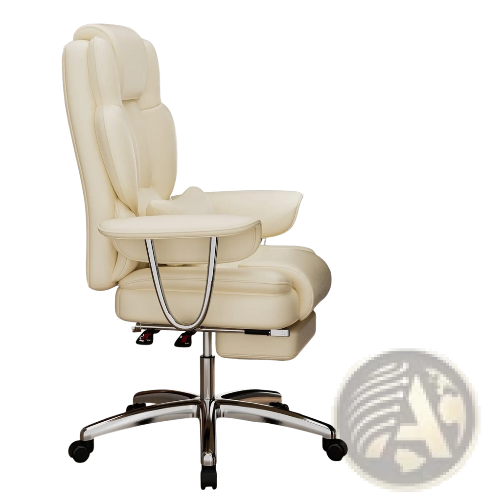 Cream-colored leather big and tall executive office chair with high back, armrests, and footrest for comfort