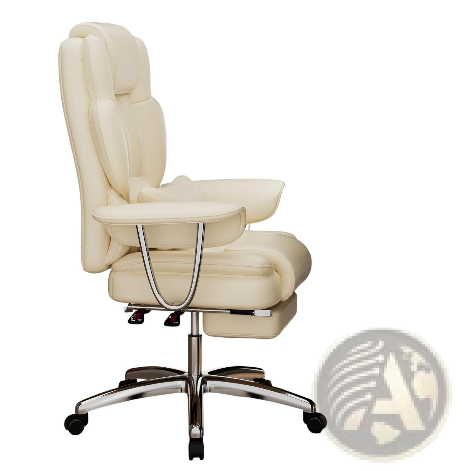 Cream-colored leather big and tall executive office chair with high back, armrests, and footrest for comfort