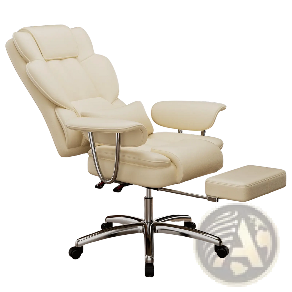 Cream-colored leather big and tall executive office chair with chrome base and footrest recliner for comfort