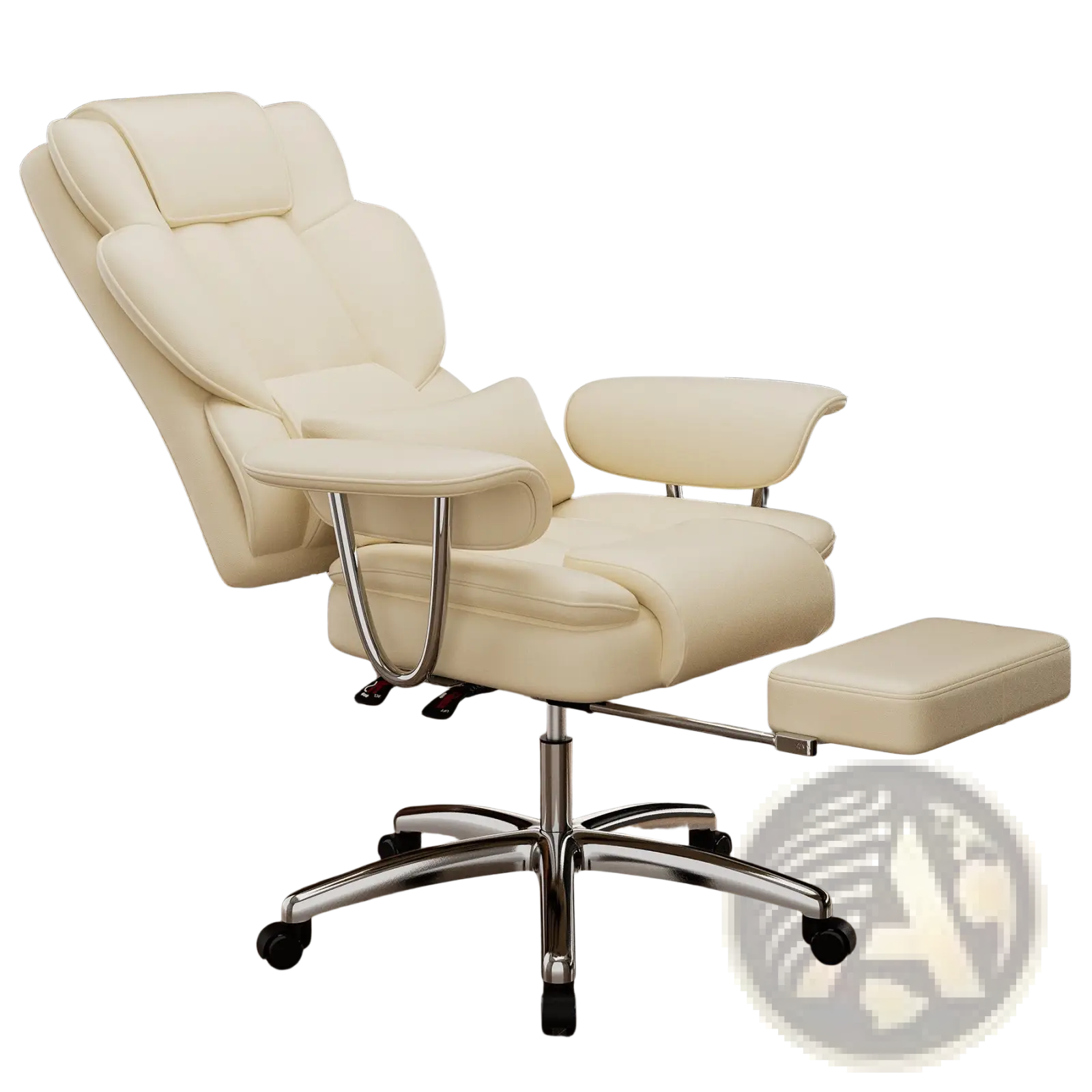 Cream-colored leather big and tall executive office chair with chrome base and footrest recliner for comfort