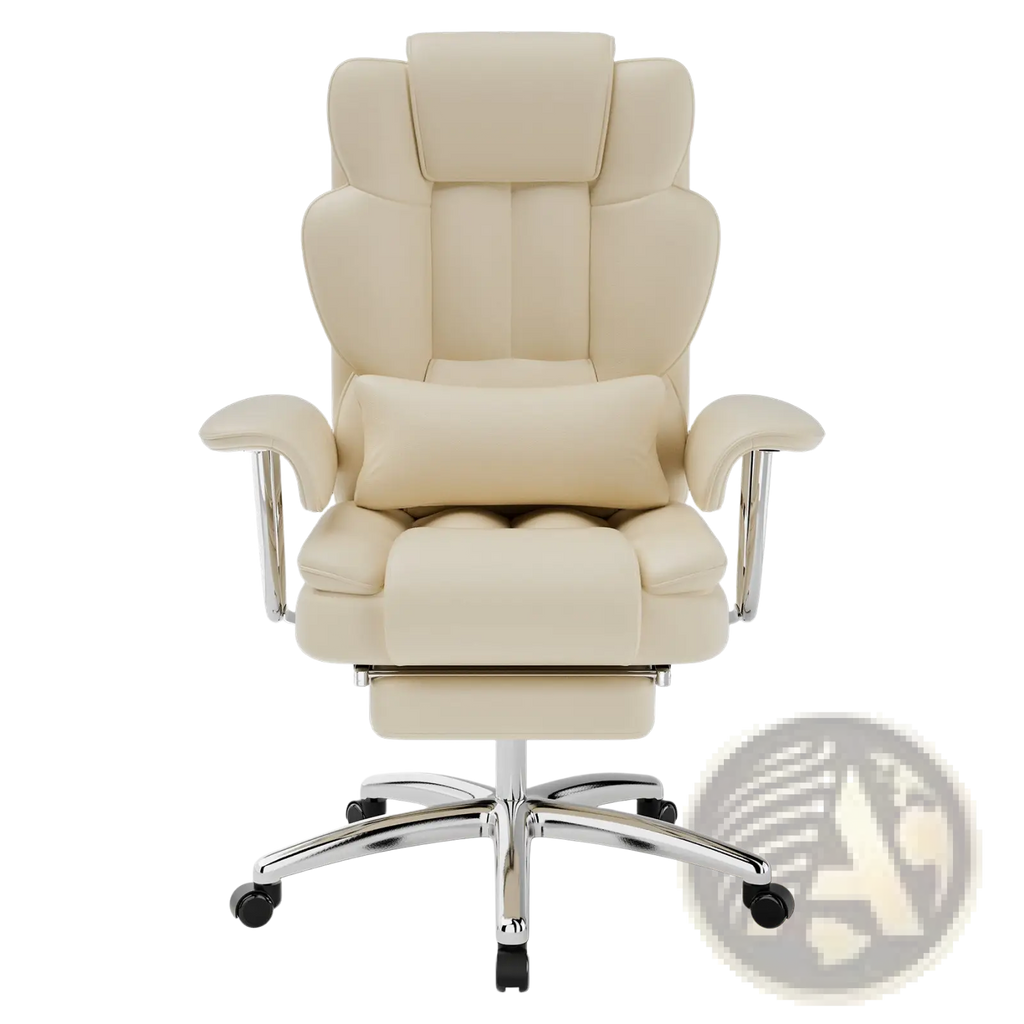Cream-colored leather big and tall executive office chair with chrome base and footrest for comfortable seating