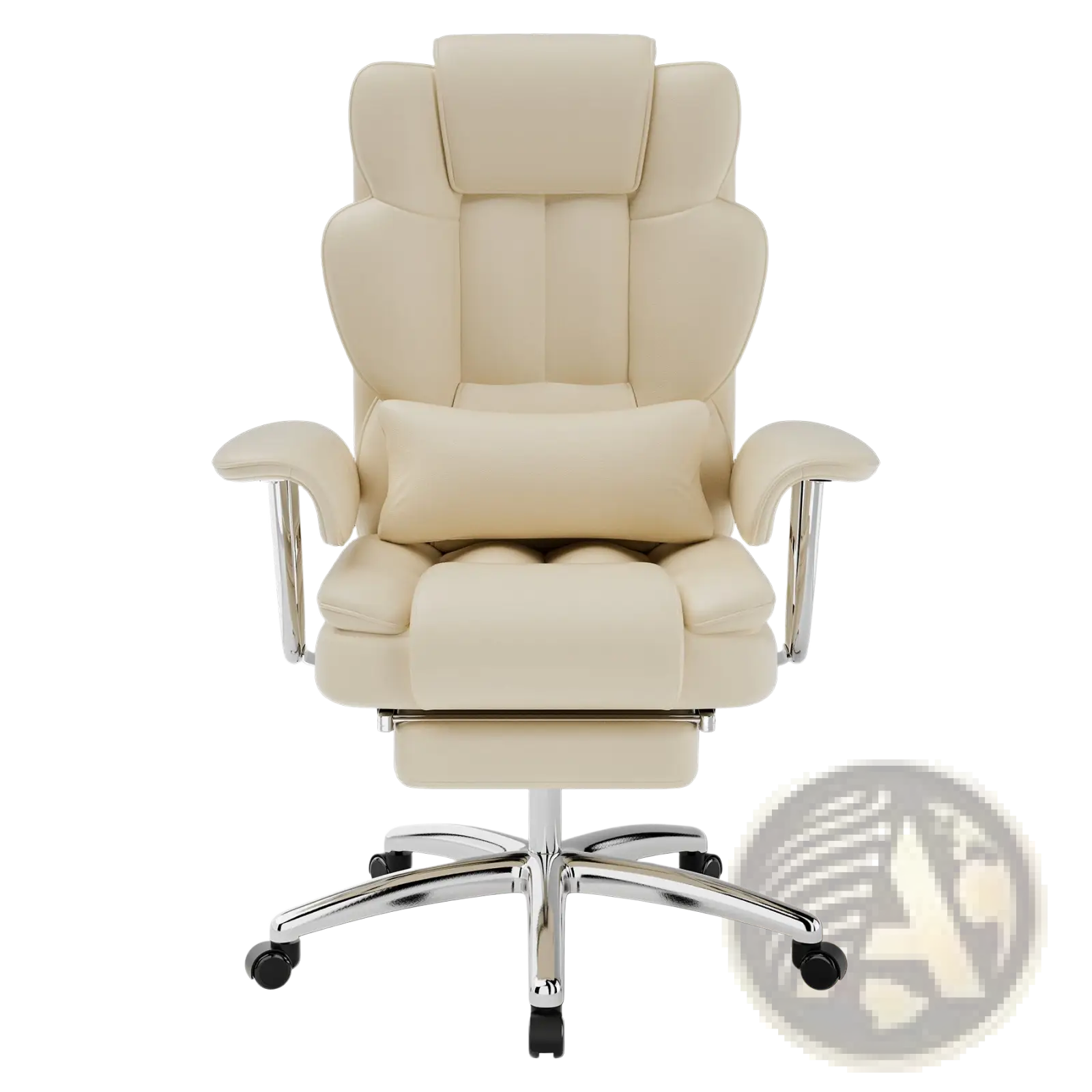 Cream-colored leather big and tall executive office chair with chrome base and footrest for comfortable seating
