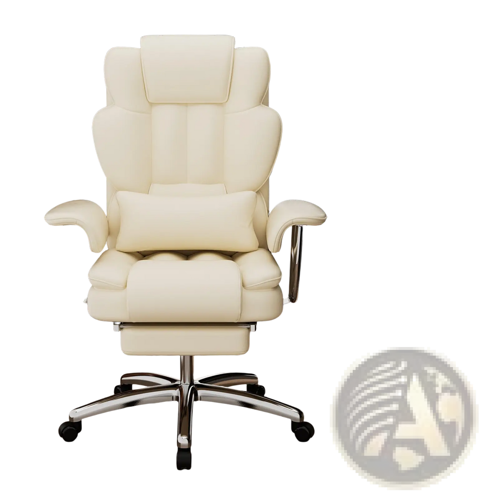Cream-colored leather big and tall executive office chair with chrome base wheels and footrest recliner feature