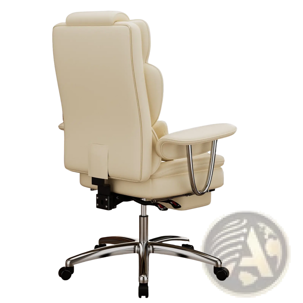 Cream-colored leather big and tall executive office chair with chrome base wheels and extendable footrest for comfort